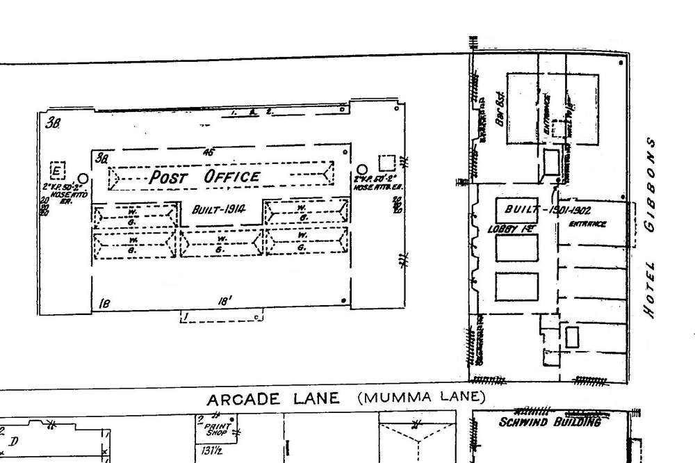A 1932 map that shows a diagram of the building to the east of today&#39;s Bankruptcy Court building (the old Post Office) and north of the Schwind building. The robbery occurred in Hotel Gibbons, today&#39;s Dayton Grand Hotel (formerly the Doubletree). (Source: Dayton Police History Foundation)