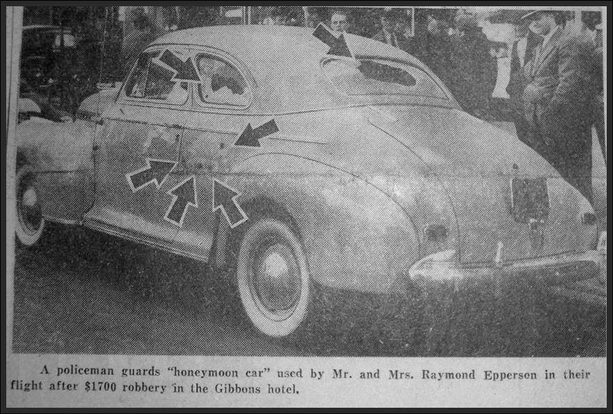 &quot;The honeymoon car&quot; the Eppersons drove during their high speed chase with Dayton police officers Dan Sammons and Walter Hammond.  The photo was printed in the Dayton Daily News.  This clear cop is from the Dayton Police History Foundation.