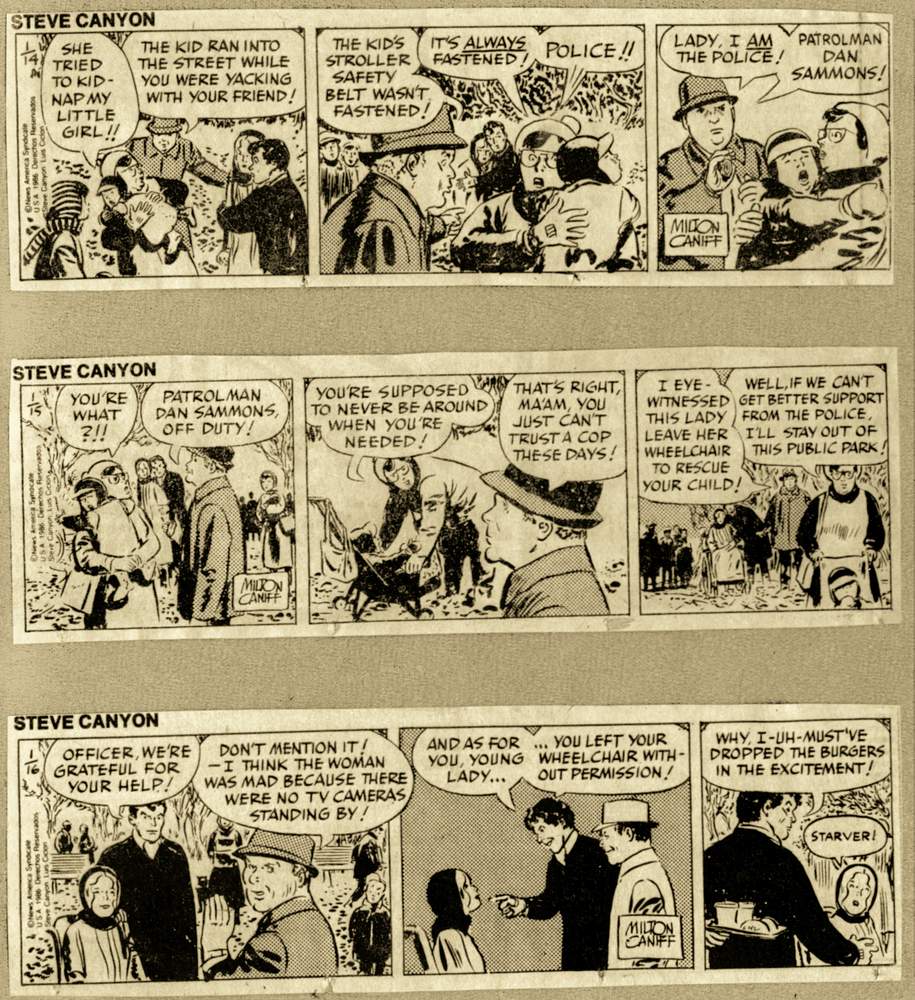 Nationally syndicated cartoonist Milton Caniff, a Stivers High School grad and childhood friend of Dan Sammons, featured Sammons in his cartoon, Steve Canyon. Sammons, a retired police sergeant at the time, was having gallbladder surgery. (Source: Dayton Police History Foundation)&amp;nbsp;